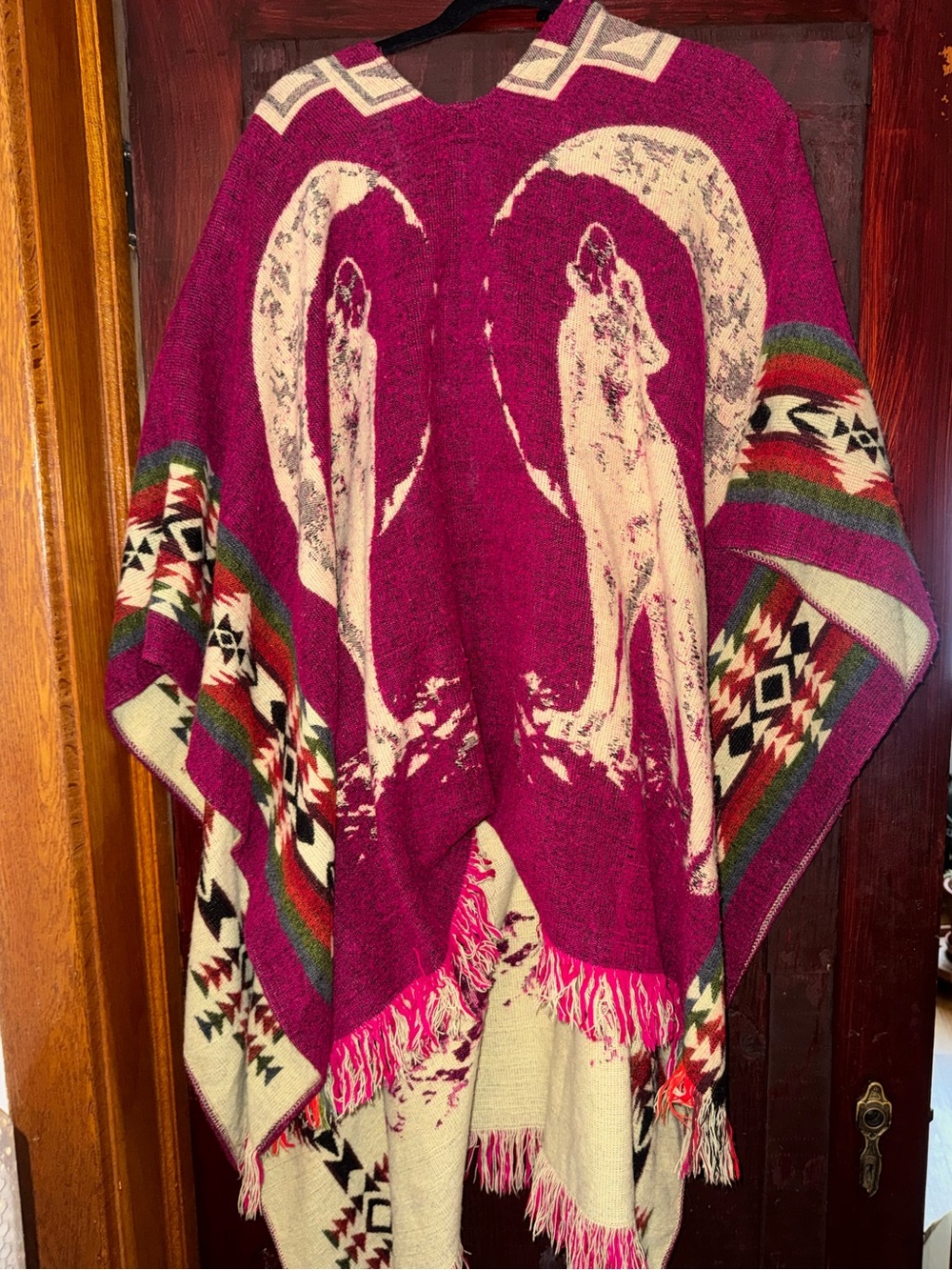 Magenta Patterned Fringe Women's Wool Poncho